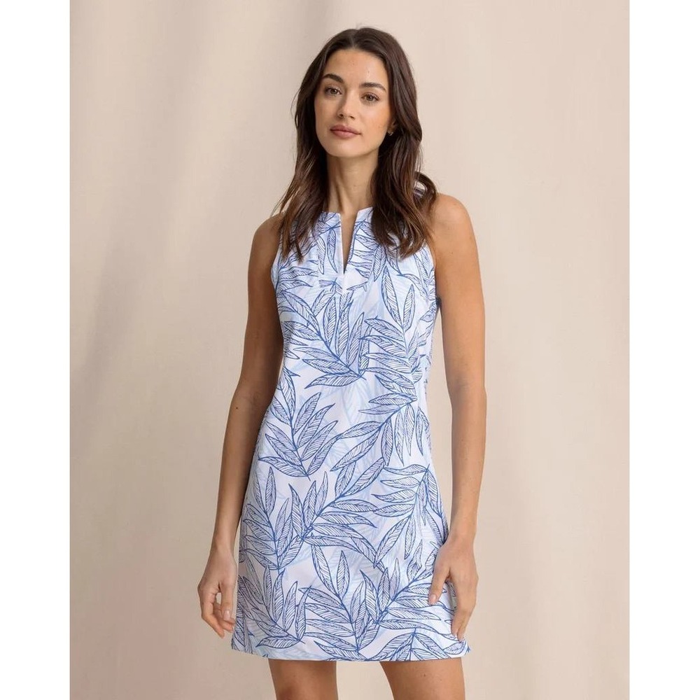 Southern Tide Shift Dress Womens L Blue White Tropical Leaf Print Split Neck